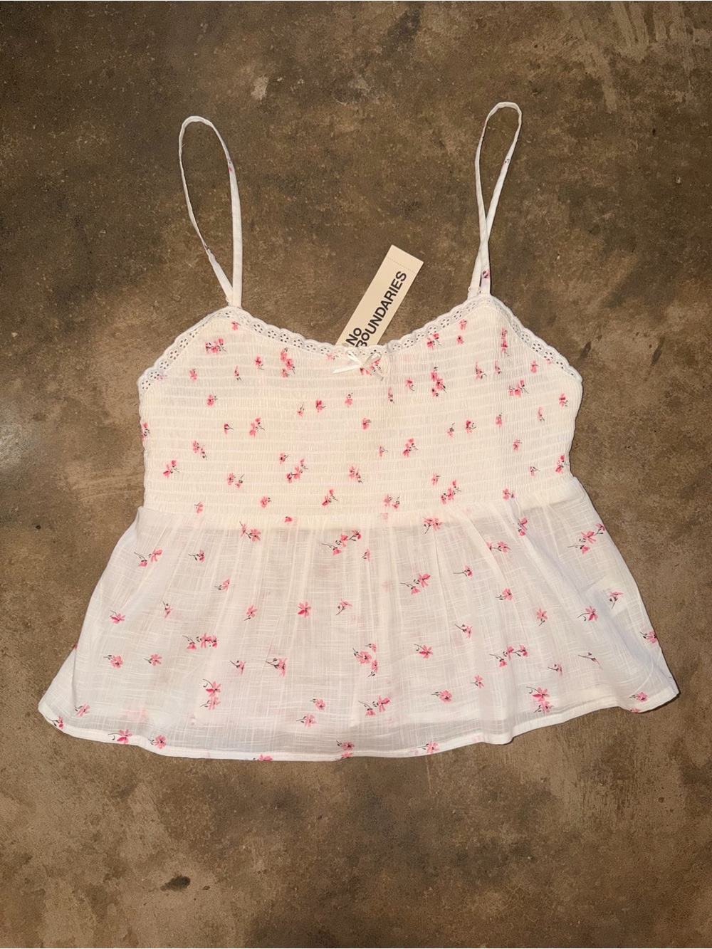 No Boundaries White Pink Floral Smocked Babydoll Cami Tank Top NWT M